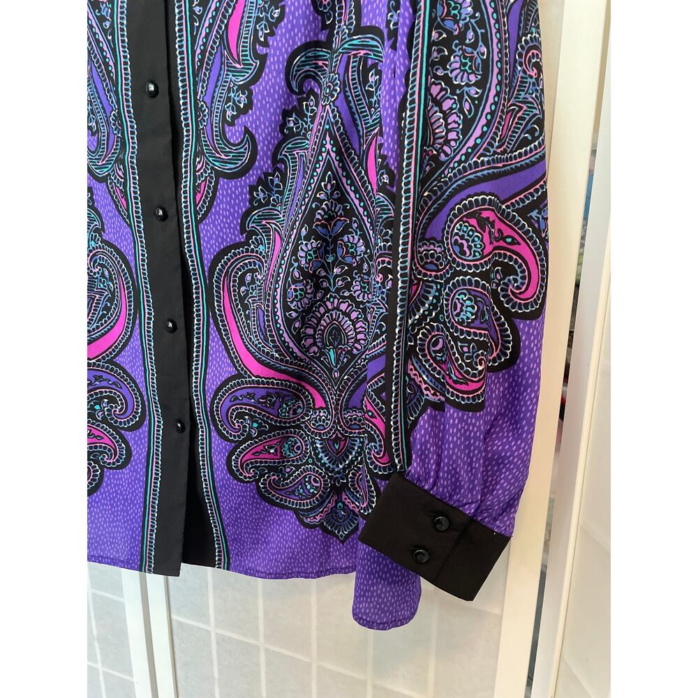Bob Mackie Wearable Art Paisley Blouse 2X Purple Mandarin Collar Retro Bold Boho - Picture 5 of 8